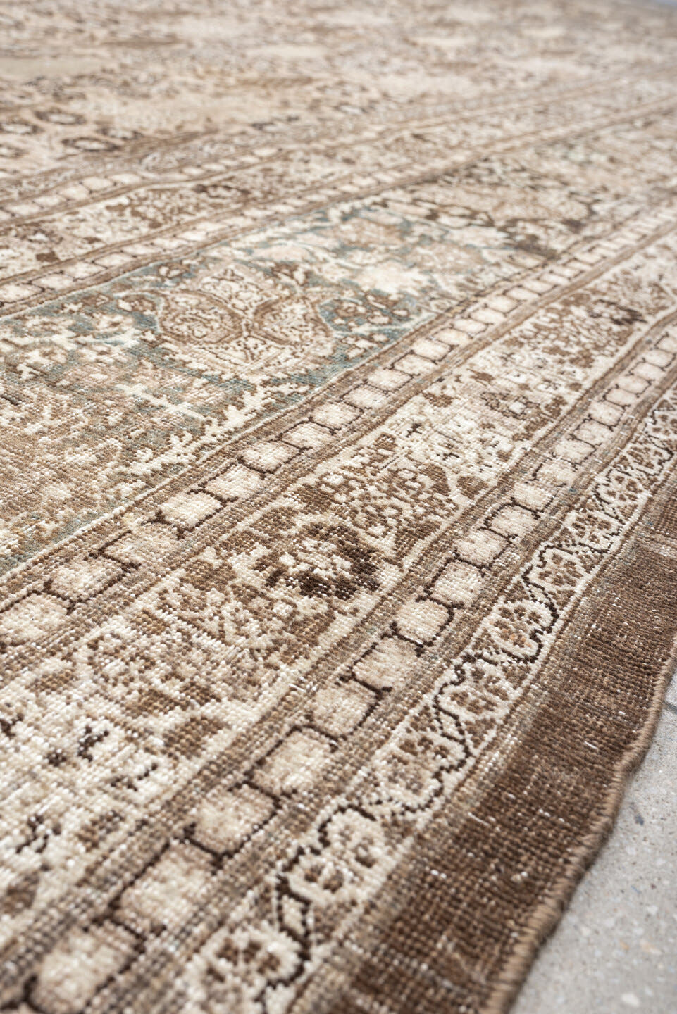 13' x 19' one-of-a-kind handmade antique Tabriz oversize rug. Color palette: ivory, taupe, brown, charcoal, blue gray, beige