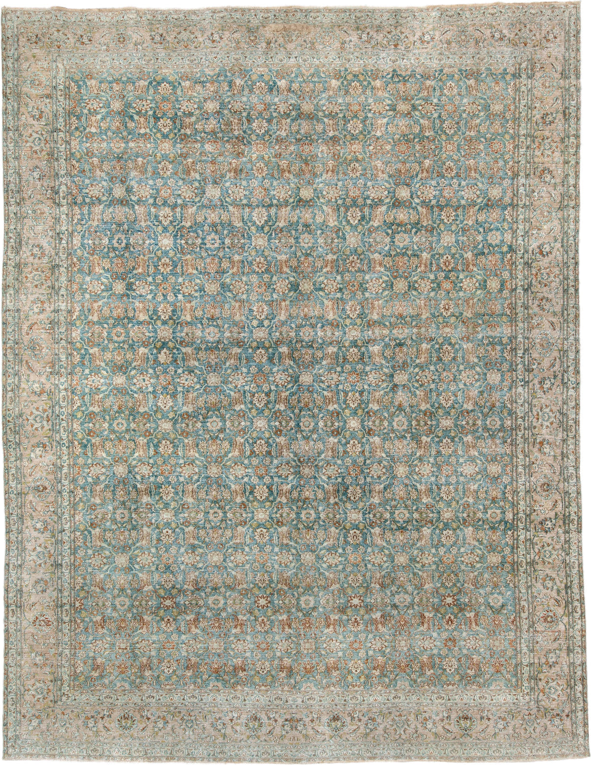 9' x 12' one-of-a-kind handmade antique Khorassan large size rug. Color palette: turquoise, ivory, sand, taupe, sage, camel