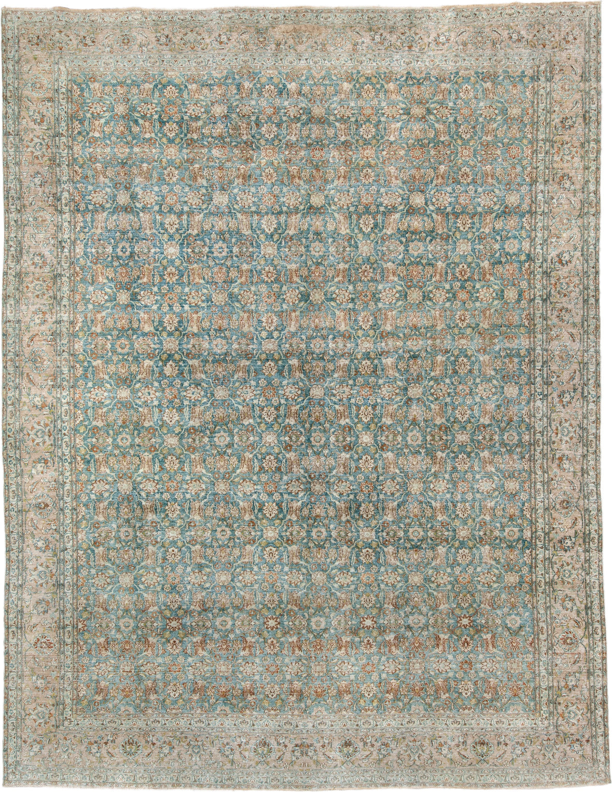 9' x 12' one-of-a-kind handmade antique Khorassan large size rug. Color palette: turquoise, ivory, sand, taupe, sage, camel