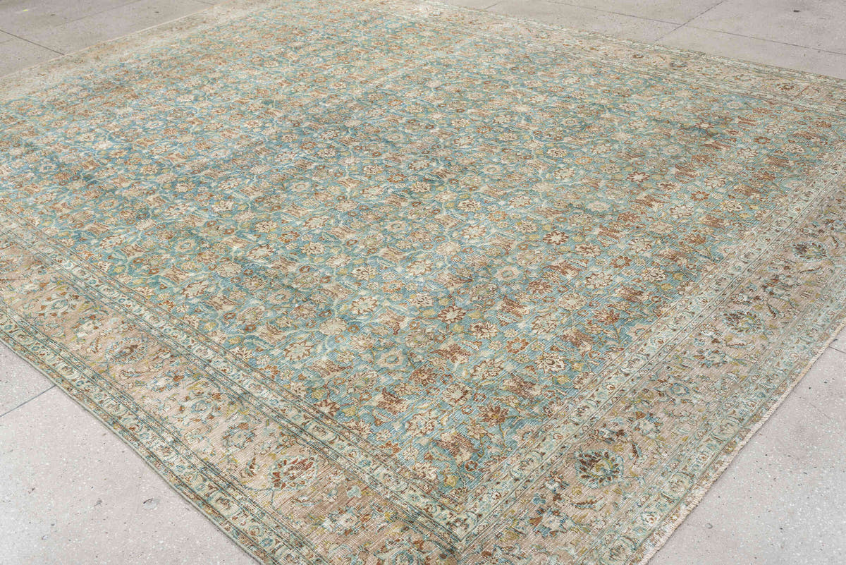 9' x 12' one-of-a-kind handmade antique Khorassan large size rug. Color palette: turquoise, ivory, sand, taupe, sage, camel