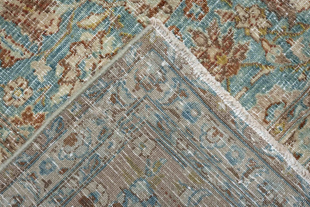 9' x 12' one-of-a-kind handmade antique Khorassan large size rug. Color palette: turquoise, ivory, sand, taupe, sage, camel