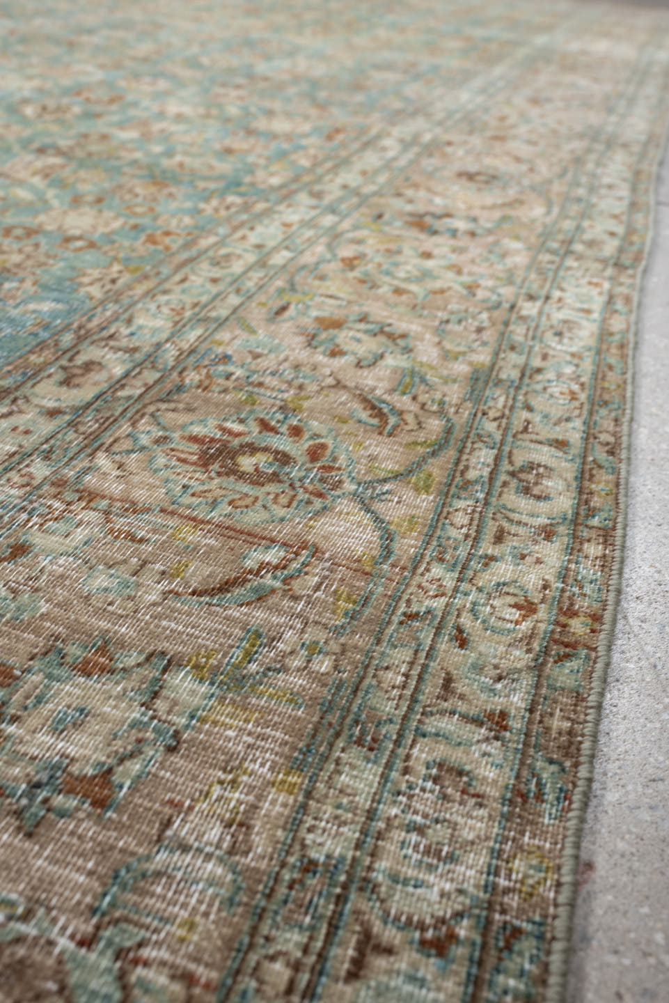 9' x 12' one-of-a-kind handmade antique Khorassan large size rug. Color palette: turquoise, ivory, sand, taupe, sage, camel