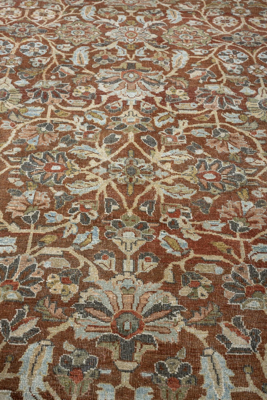 9' x 11' one-of-a-kind handmade antique Mahal large size rug. Color palette: rust, charcoal, ivory, sage, terra cotta