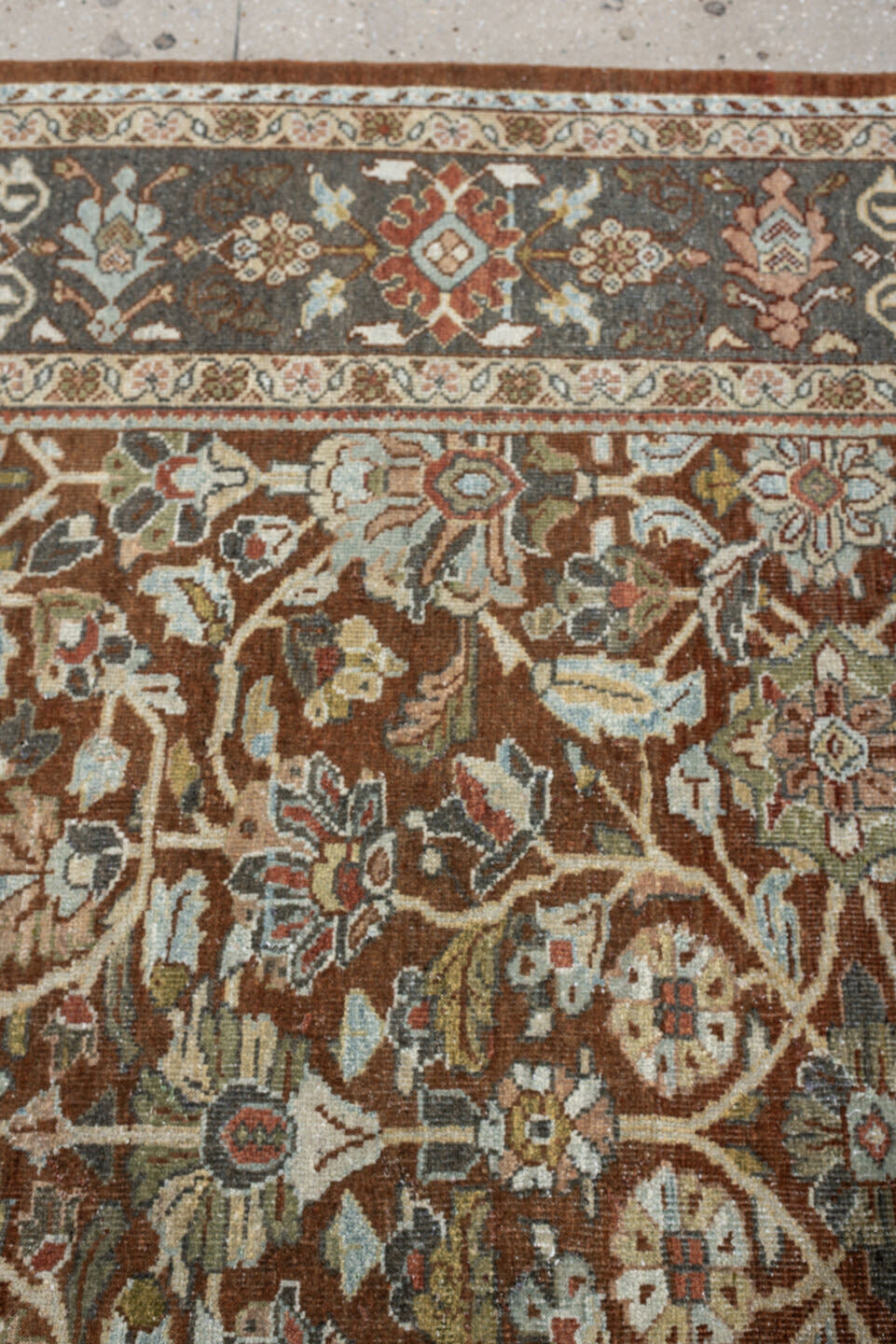 9' x 11' one-of-a-kind handmade antique Mahal large size rug. Color palette: rust, charcoal, ivory, sage, terra cotta