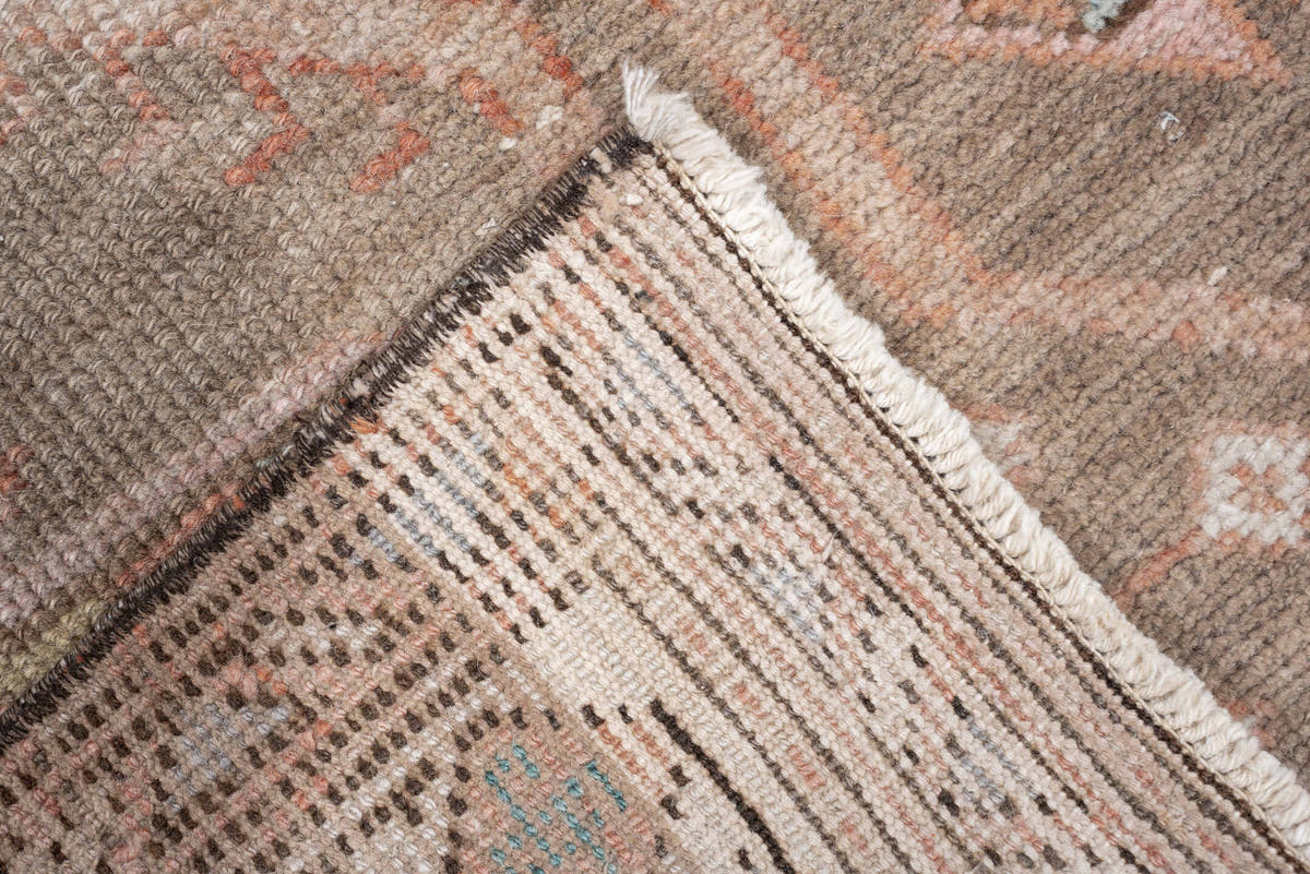 2' x 13' one-of-a-kind handmade antique Kurd runner rug. Color palette: taupe, ivory, terra cotta, charcoal, blue gray, rose