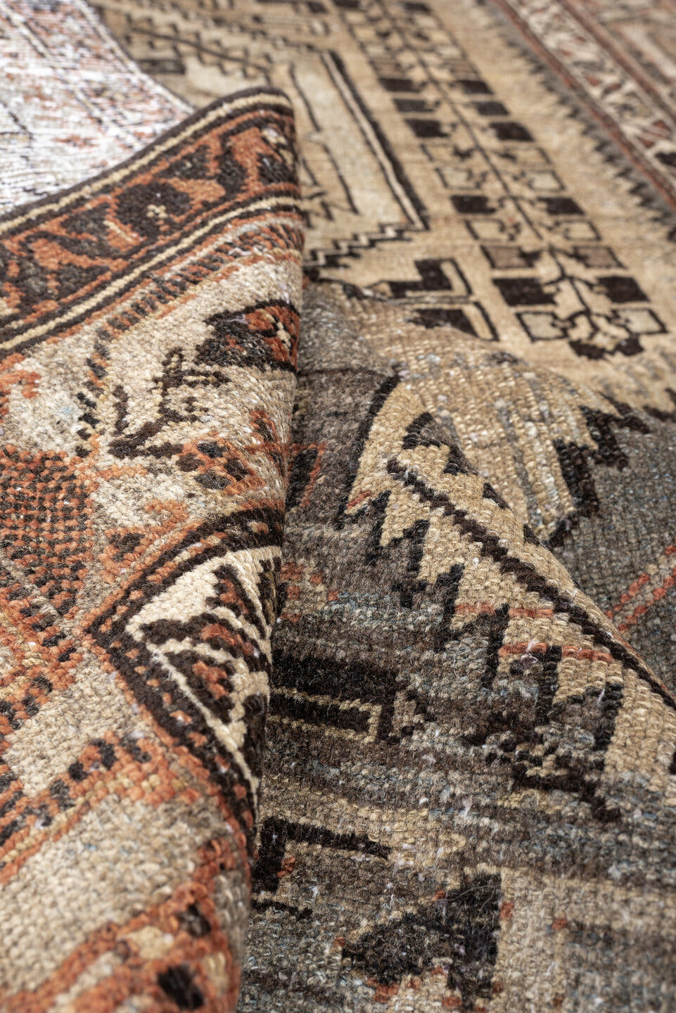 4' x 6' one-of-a-kind handmade antique Hamadan rug. Color palette: ivory, slate blue, charcoal, terracotta, taupe, ebony