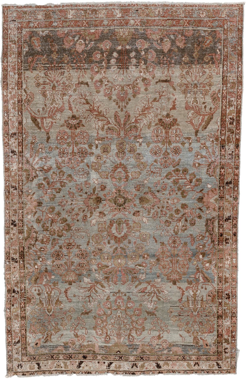 4' x 7' one-of-a-kind handmade antique Mahal rug. Color palette: sage, rose, terracotta, ivory, olive brown, charcoal, rust