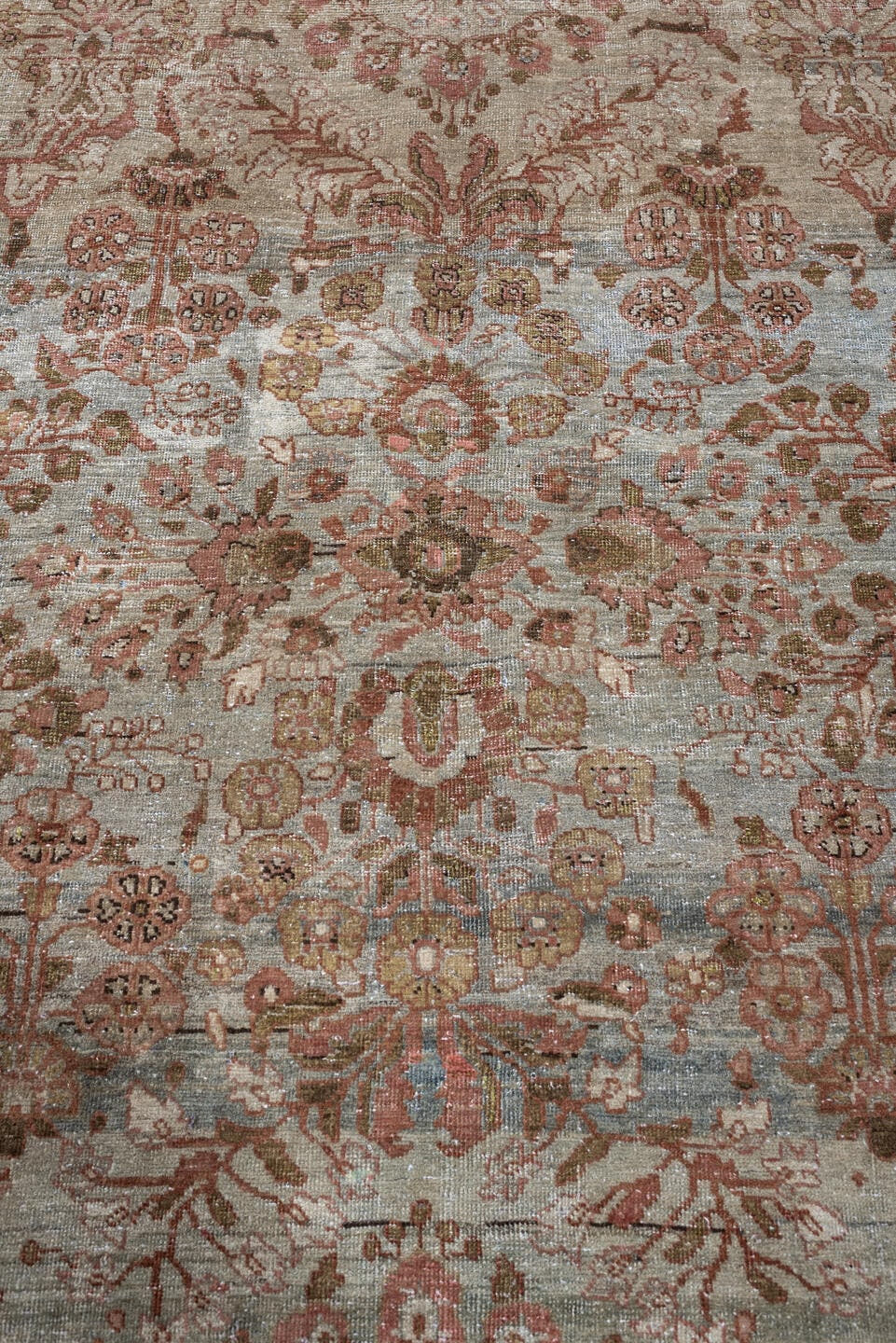 4' x 7' one-of-a-kind handmade antique Mahal rug. Color palette: sage, rose, terracotta, ivory, olive brown, charcoal, rust