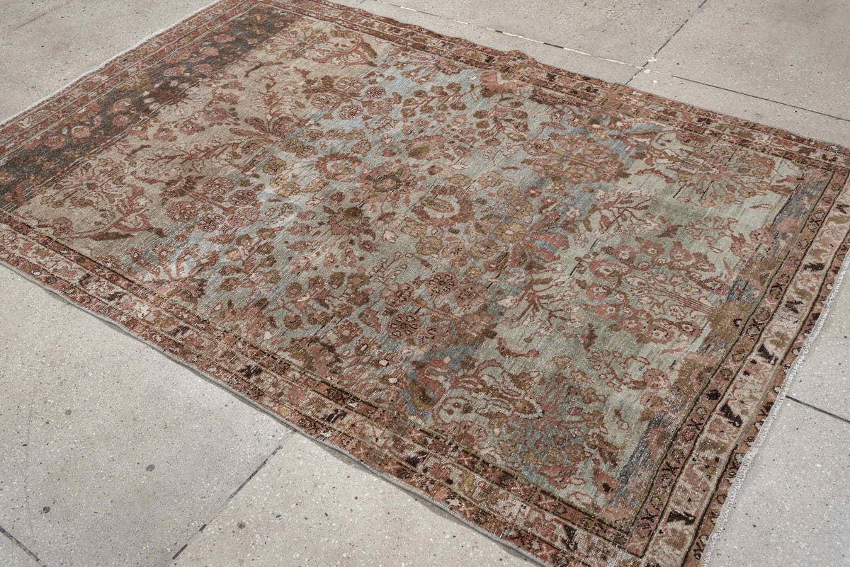 4' x 7' one-of-a-kind handmade antique Mahal rug. Color palette: sage, rose, terracotta, ivory, olive brown, charcoal, rust