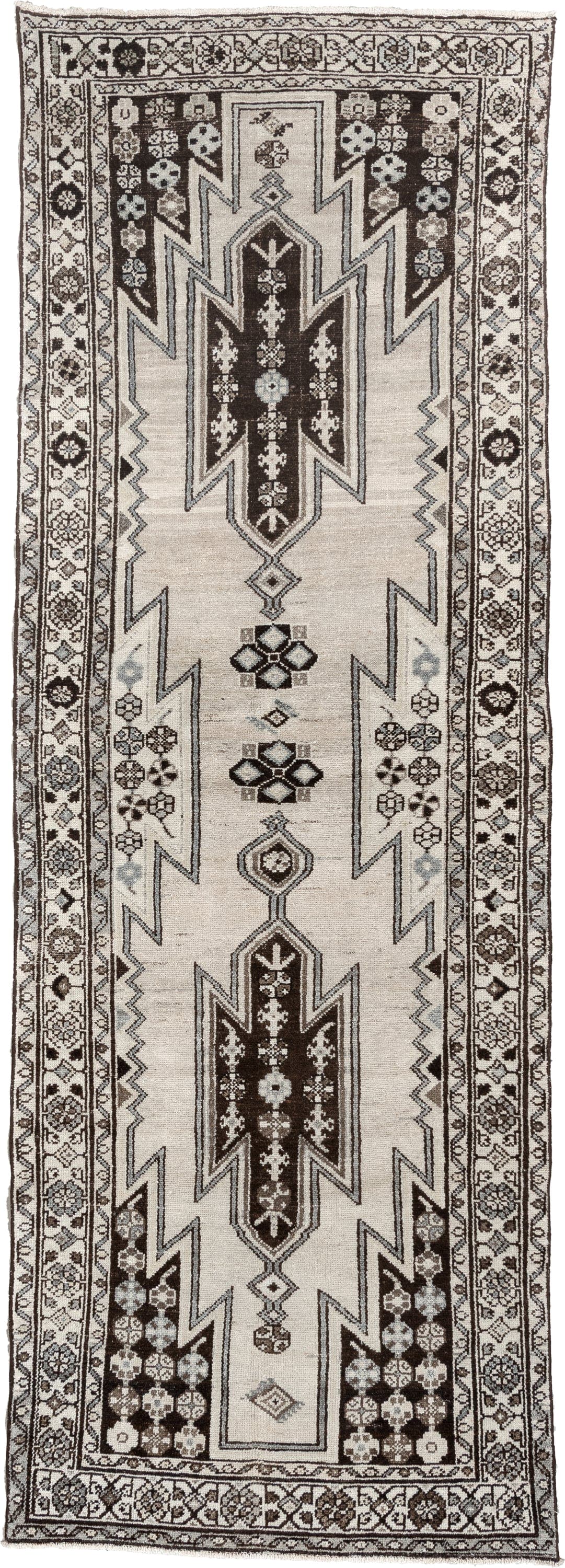 3' x 9' one-of-a-kind handmade antique Mazlagan runner rug. Color palette: ivory, dark brown, charcoal, taupe, soft gray