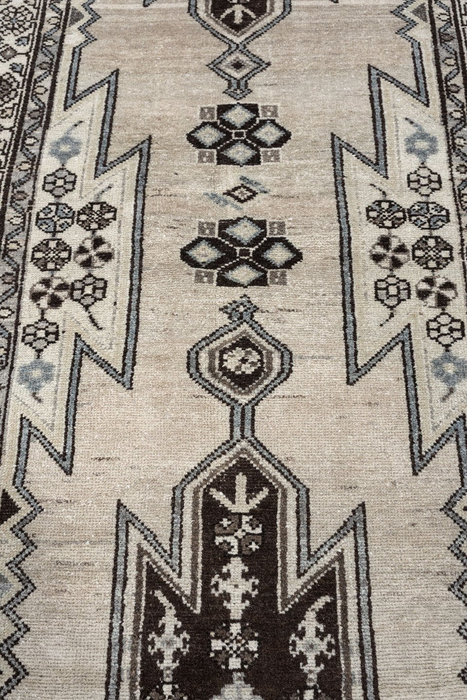 3' x 9' one-of-a-kind handmade antique Mazlagan runner rug. Color palette: ivory, dark brown, charcoal, taupe, soft gray