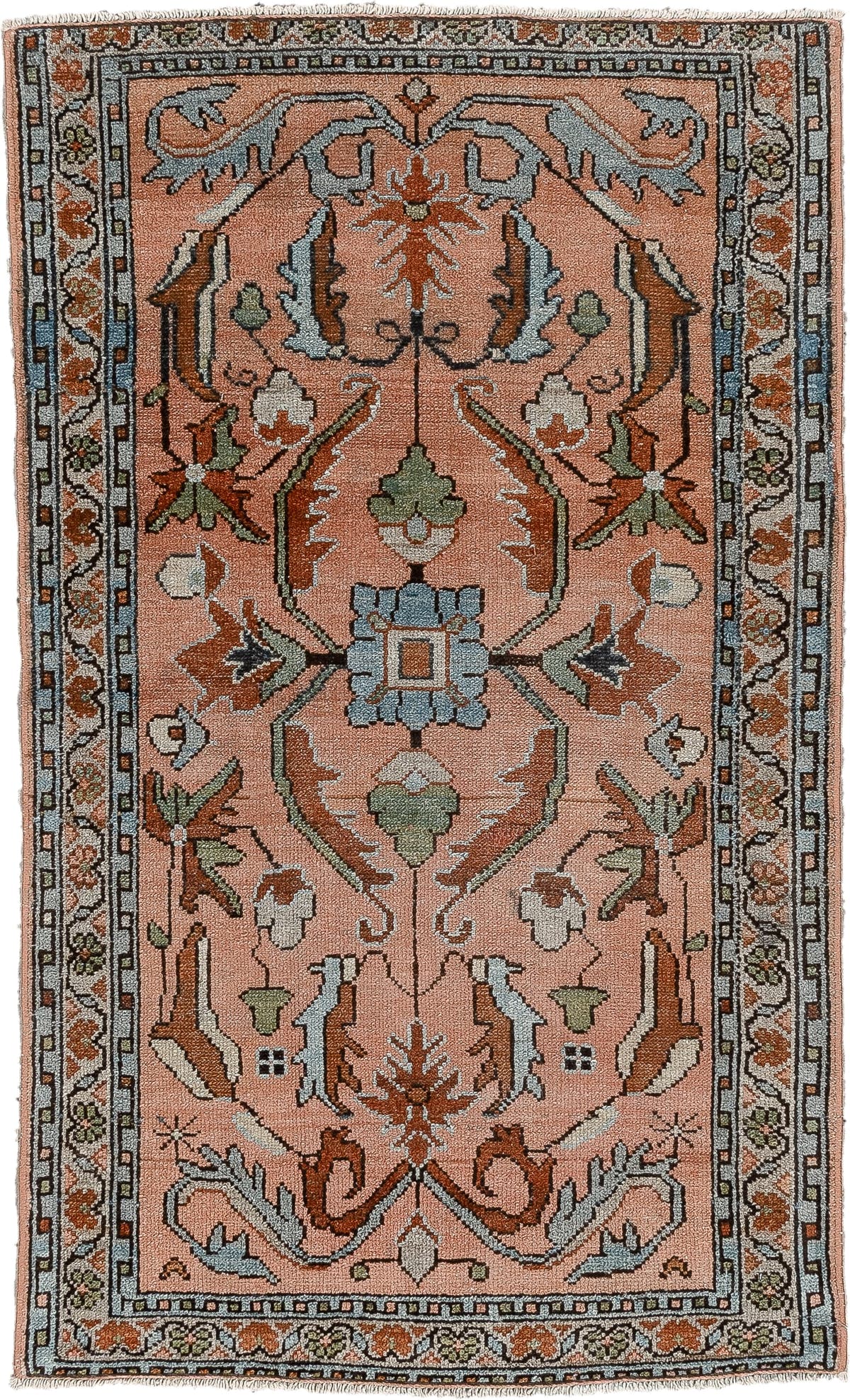2' x 4' one-of-a-kind handmade antique Lilian small size rug. Color palette: salmon, slate blue, ivory, sage, rust, charcoal