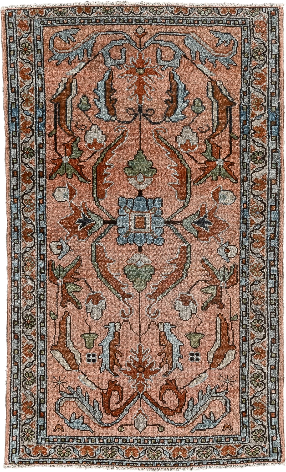 2' x 4' one-of-a-kind handmade antique Lilian small size rug. Color palette: salmon, slate blue, ivory, sage, rust, charcoal