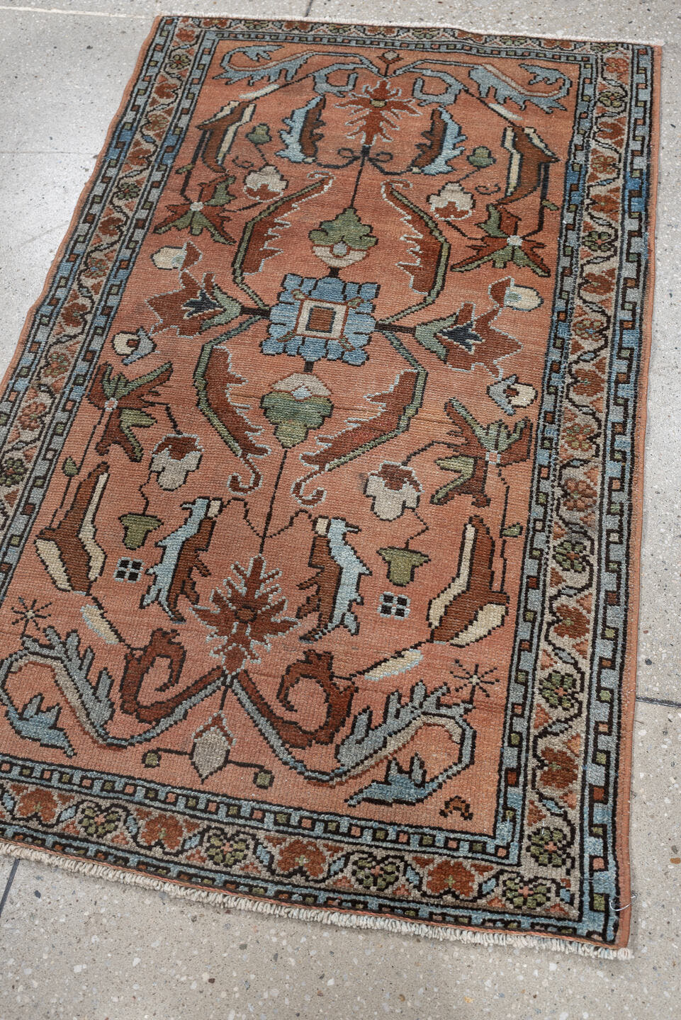 2' x 4' one-of-a-kind handmade antique Lilian small size rug. Color palette: salmon, slate blue, ivory, sage, rust, charcoal