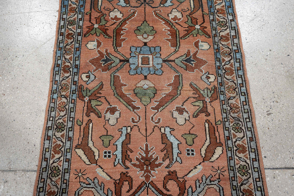 2' x 4' one-of-a-kind handmade antique Lilian small size rug. Color palette: salmon, slate blue, ivory, sage, rust, charcoal