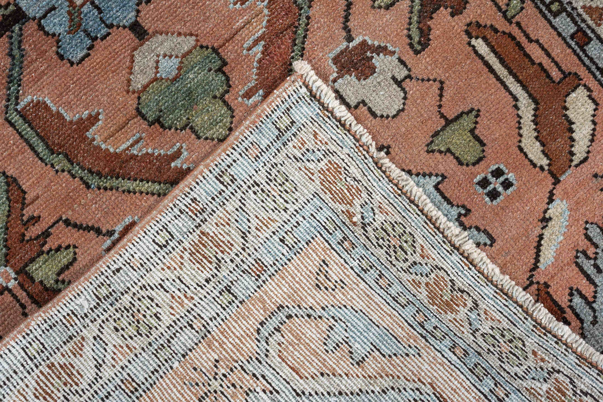 2' x 4' one-of-a-kind handmade antique Lilian small size rug. Color palette: salmon, slate blue, ivory, sage, rust, charcoal