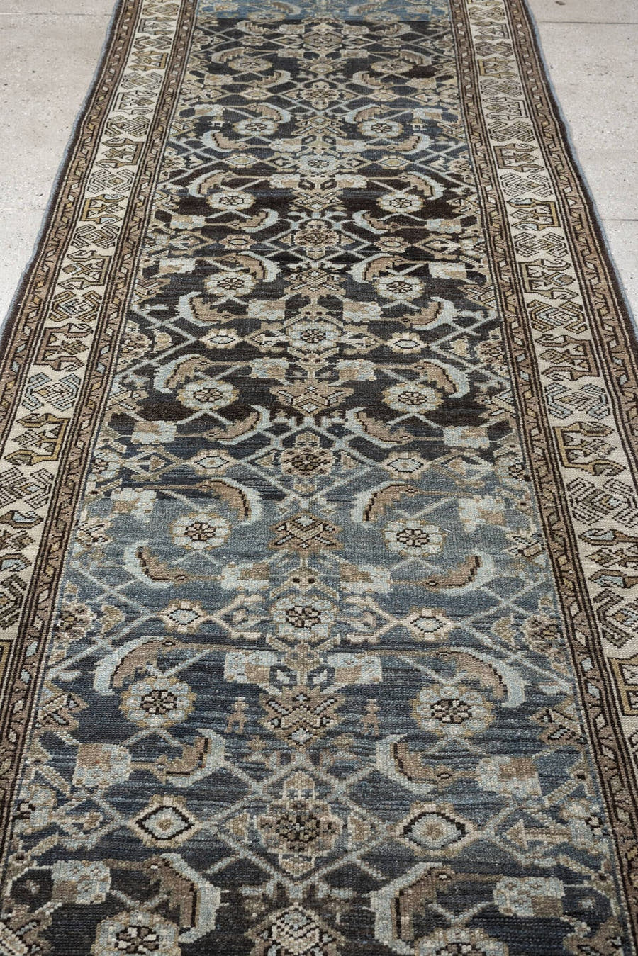 3' x 12' one-of-a-kind handmade antique Malayer runner rug. Color palette: charcoal, ivory, blue gray, taupe, slate, camel