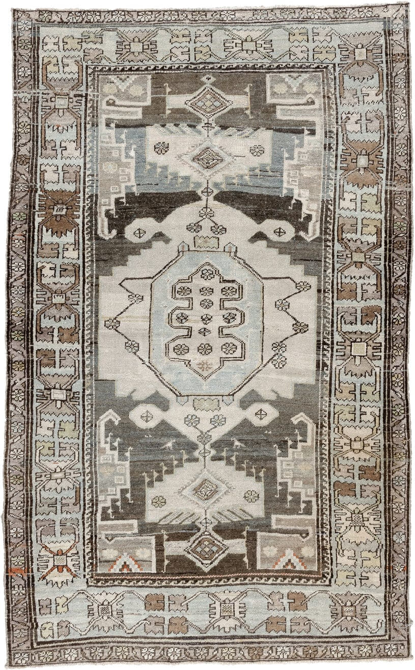 4' x 6' one-of-a-kind handmade antique Hamadan rug. Color palette: ivory, slate blue, charcoal, taupe, brown, cream, rust