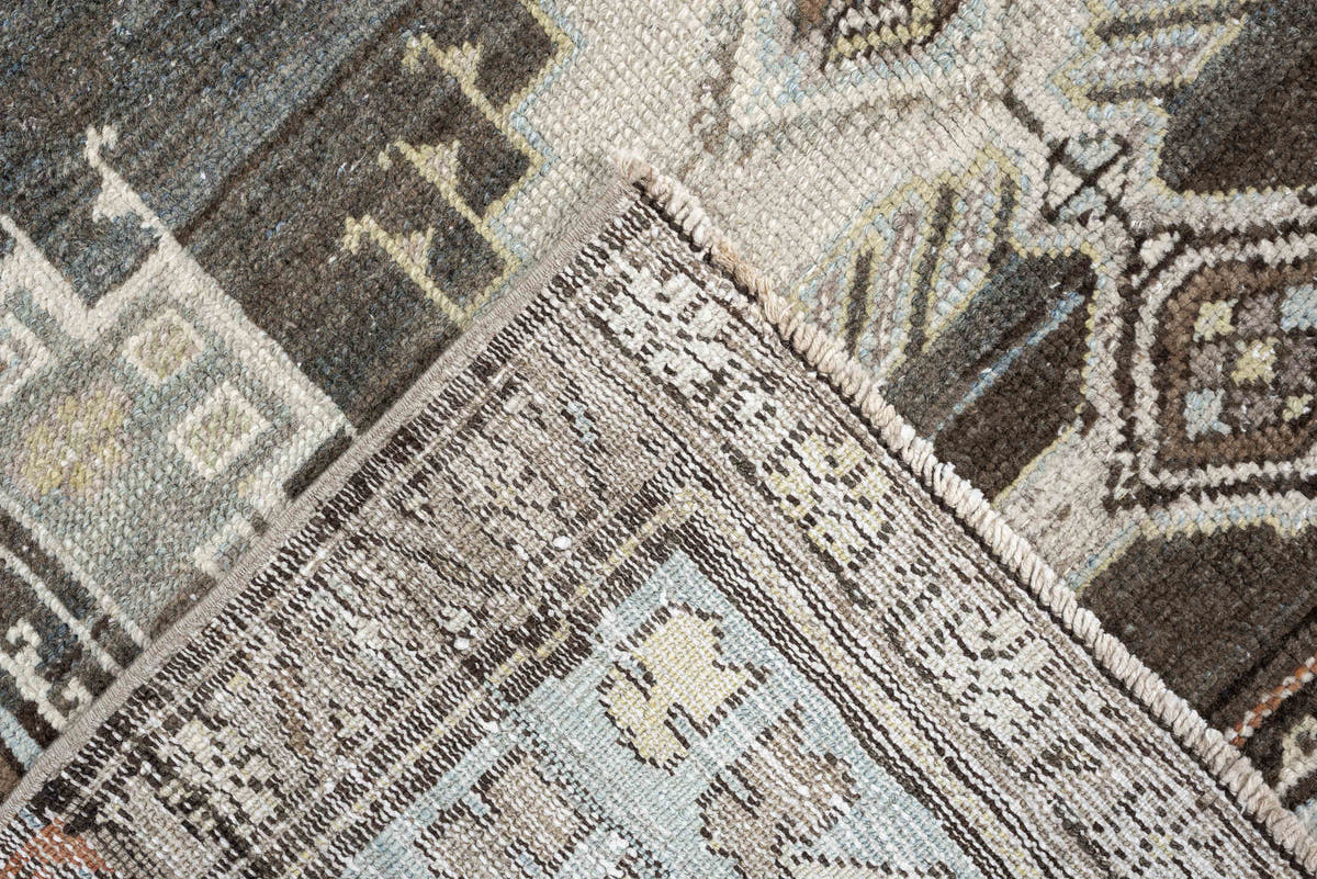 4' x 6' one-of-a-kind handmade antique Hamadan rug. Color palette: ivory, slate blue, charcoal, taupe, brown, cream, rust