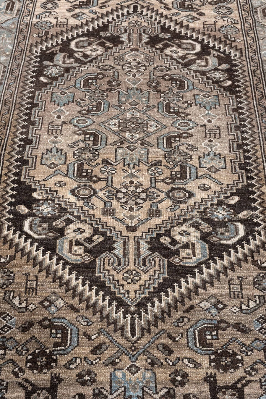 4' x 6' one-of-a-kind handmade antique Hamadan small size rug. Color palette: ivory, taupe, powder blue, dark brown
