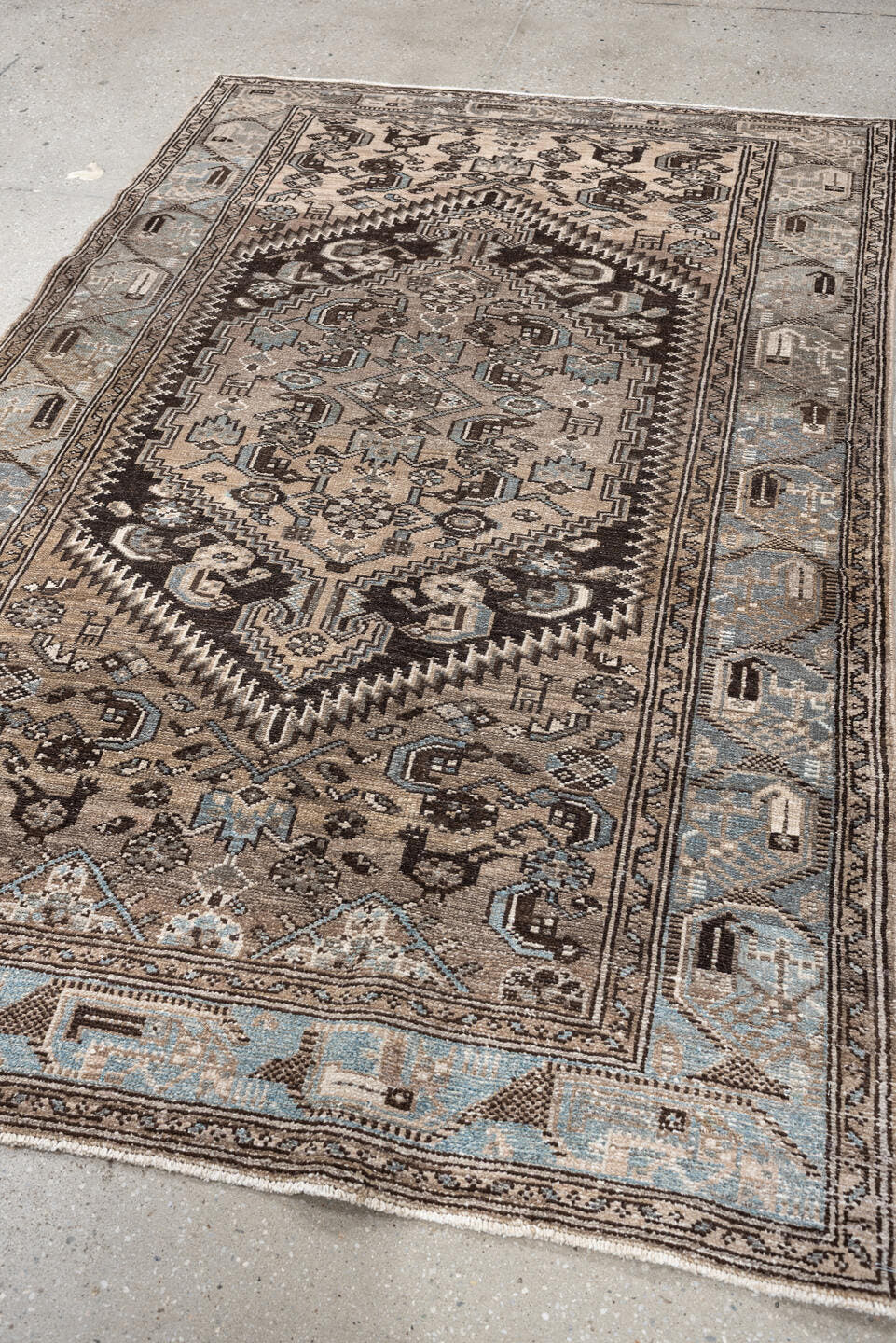 4' x 6' one-of-a-kind handmade antique Hamadan small size rug. Color palette: ivory, taupe, powder blue, dark brown