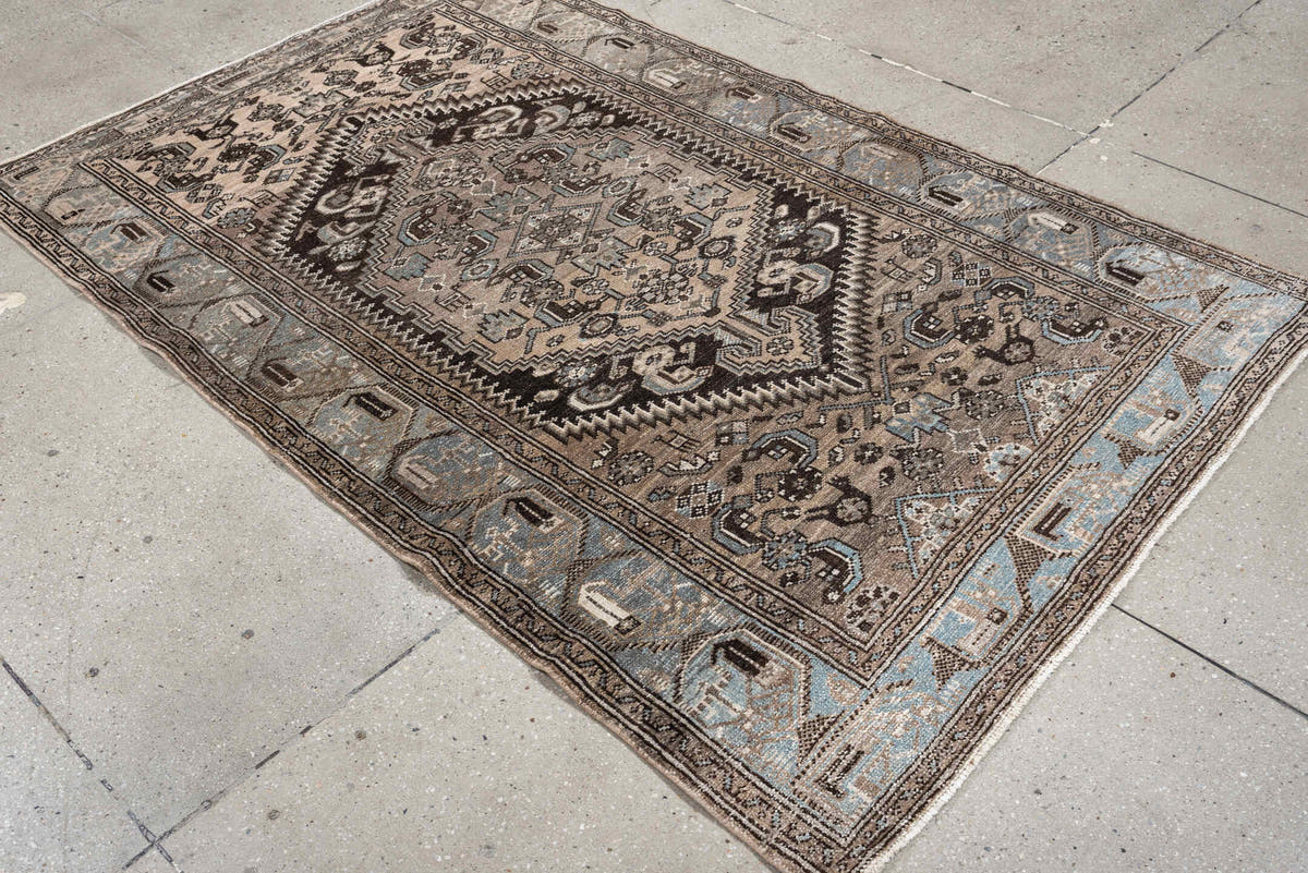 4' x 6' one-of-a-kind handmade antique Hamadan small size rug. Color palette: ivory, taupe, powder blue, dark brown