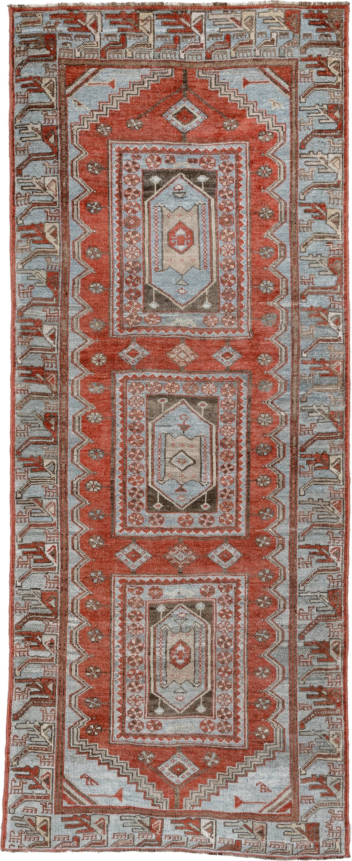 3' x 9' one-of-a-kind handmade antique Kurd runner rug. Color palette: terracotta, blue gray, ivory, charcoal, rust, taupe