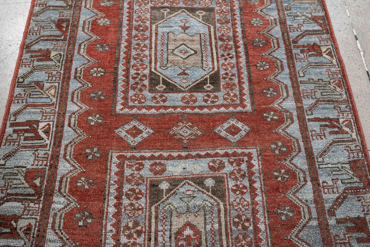 3' x 9' one-of-a-kind handmade antique Kurd runner rug. Color palette: terracotta, blue gray, ivory, charcoal, rust, taupe