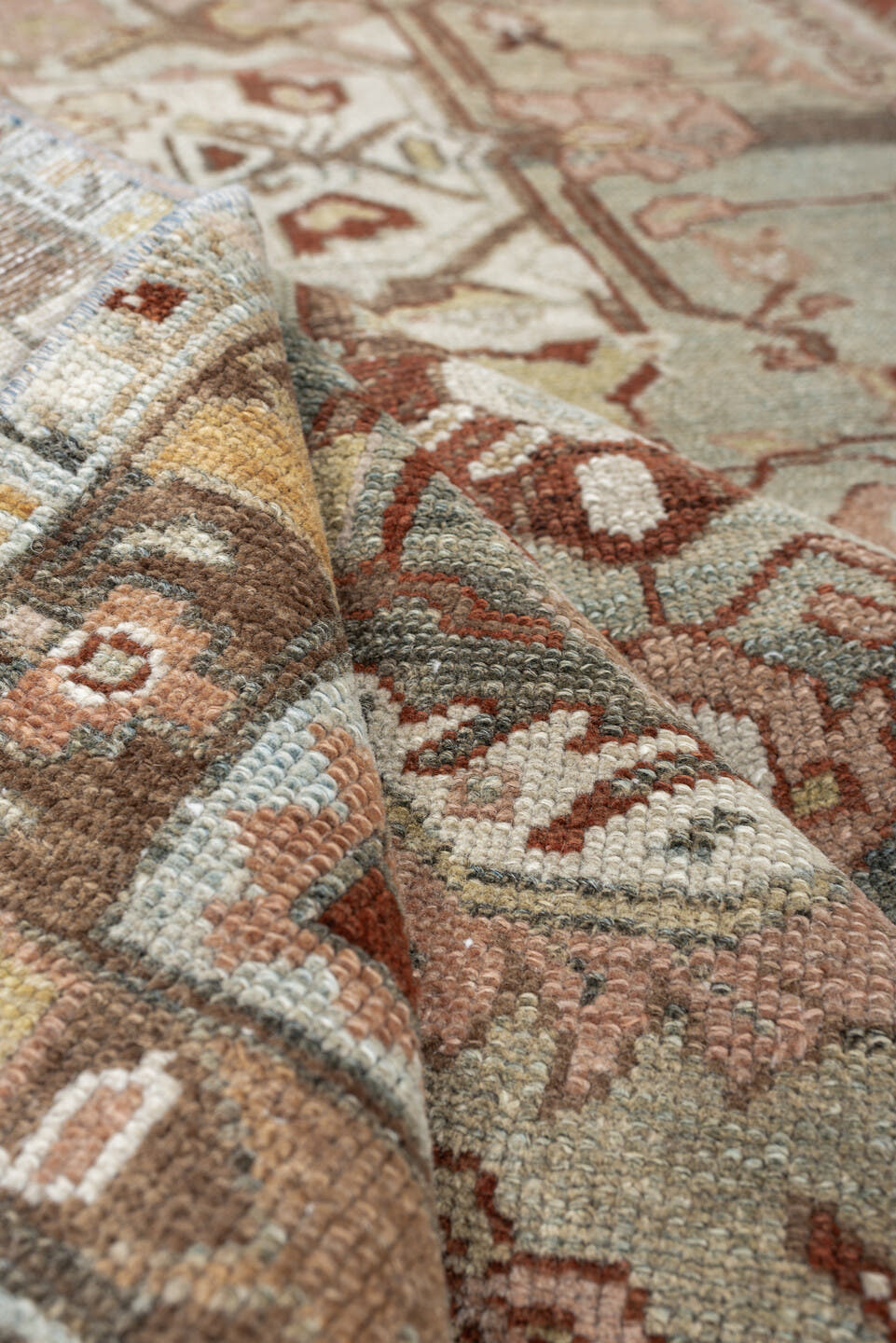 4' x 6' one-of-a-kind handmade antique Hamadan small size rug. Color palette: sage, dusty rose, ivory, taupe, rust, camel