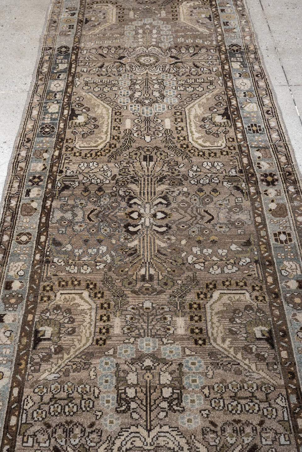 3' x 11' one-of-a-kind handmade antique Malayer runner rug. Color palette: taupe, ivory, slate blue, warm brown, charcoal