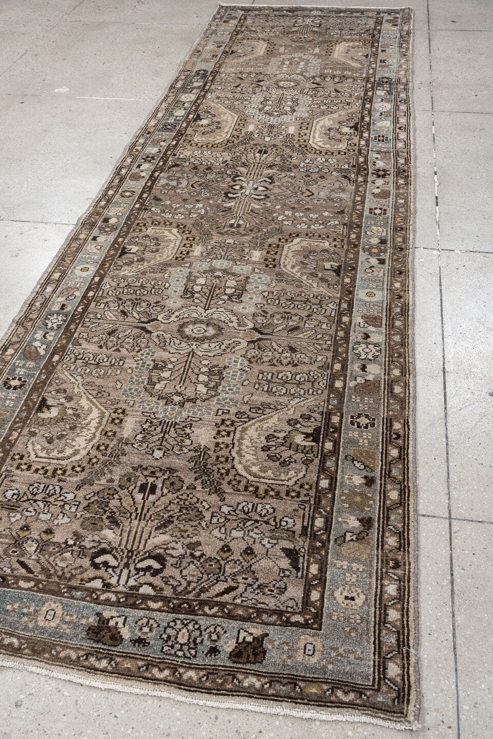 3' x 11' one-of-a-kind handmade antique Malayer runner rug. Color palette: taupe, ivory, slate blue, warm brown, charcoal