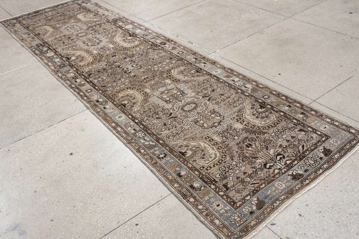 3' x 11' one-of-a-kind handmade antique Malayer runner rug. Color palette: taupe, ivory, slate blue, warm brown, charcoal