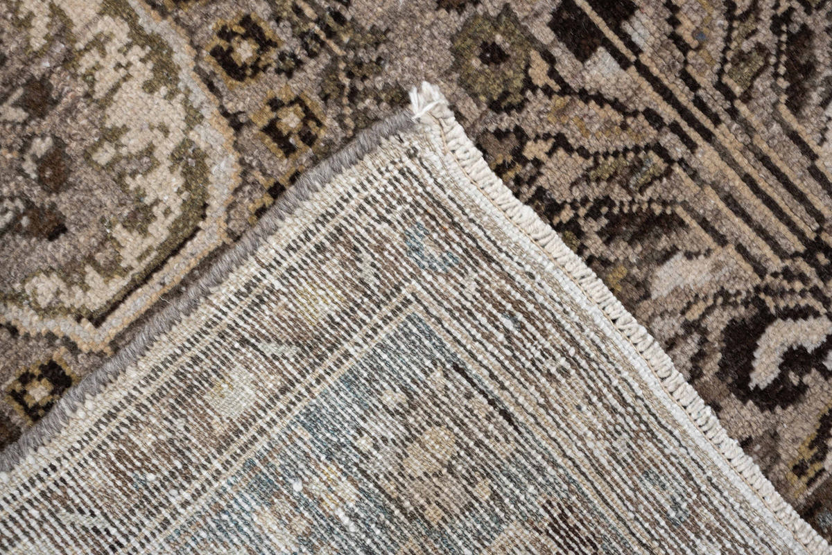 3' x 11' one-of-a-kind handmade antique Malayer runner rug. Color palette: taupe, ivory, slate blue, warm brown, charcoal