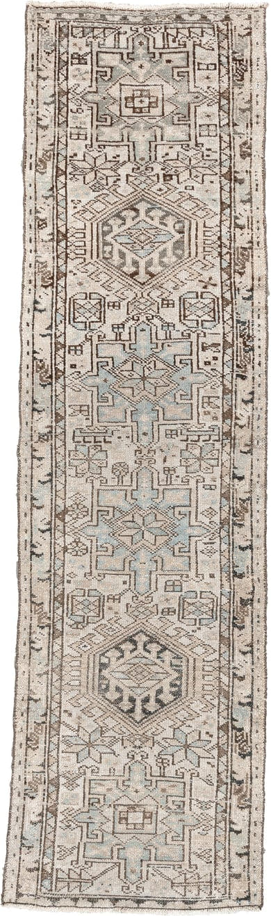2' x 7' one-of-a-kind handmade antique Karaje runner rug. Color palette: ivory, pale blue, taupe, brown, charcoal, beige