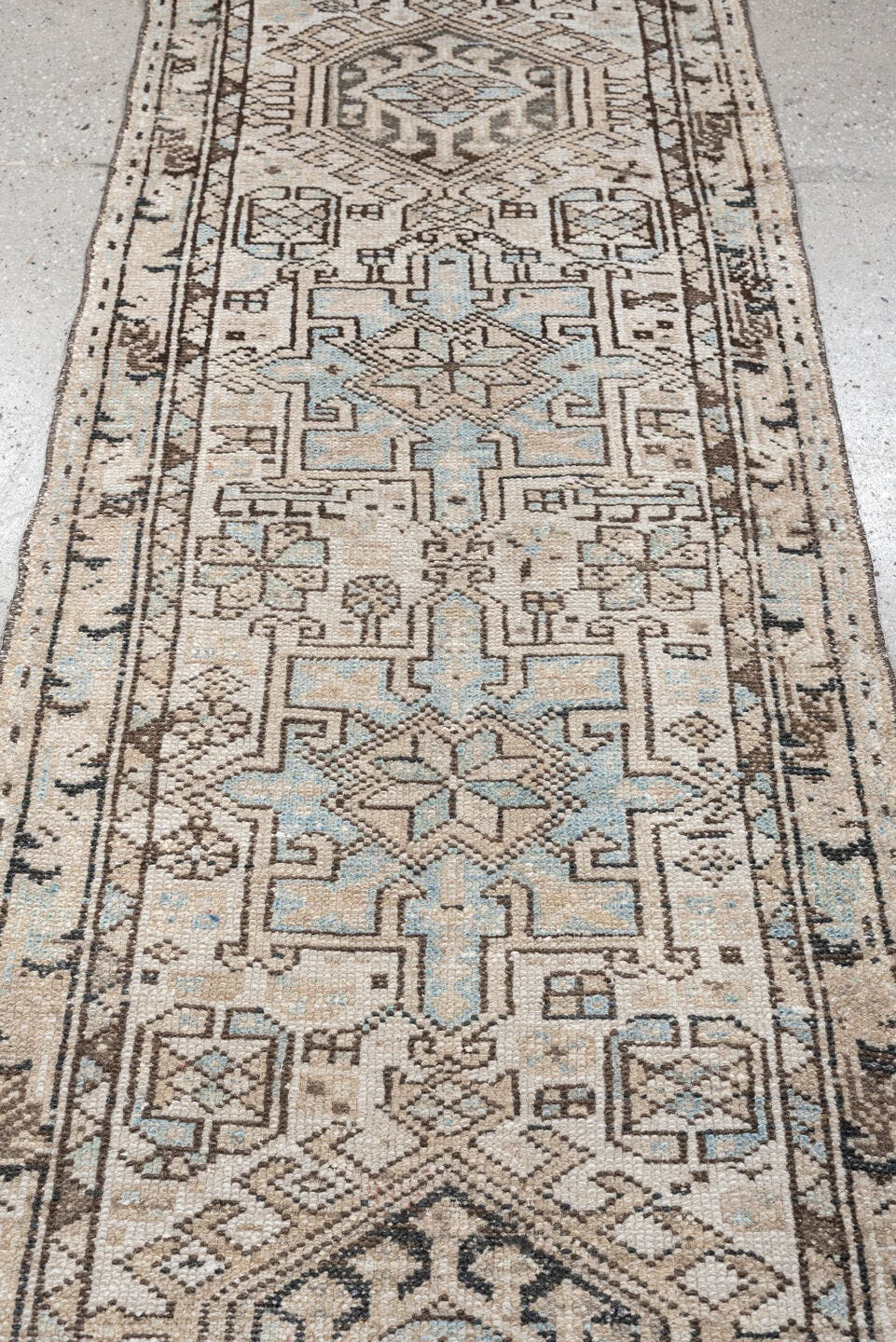 2' x 7' one-of-a-kind handmade antique Karaje runner rug. Color palette: ivory, pale blue, taupe, brown, charcoal, beige