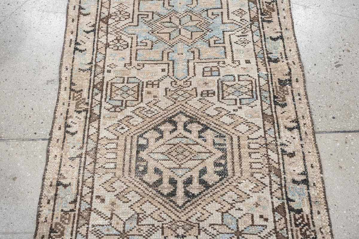 2' x 7' one-of-a-kind handmade antique Karaje runner rug. Color palette: ivory, pale blue, taupe, brown, charcoal, beige
