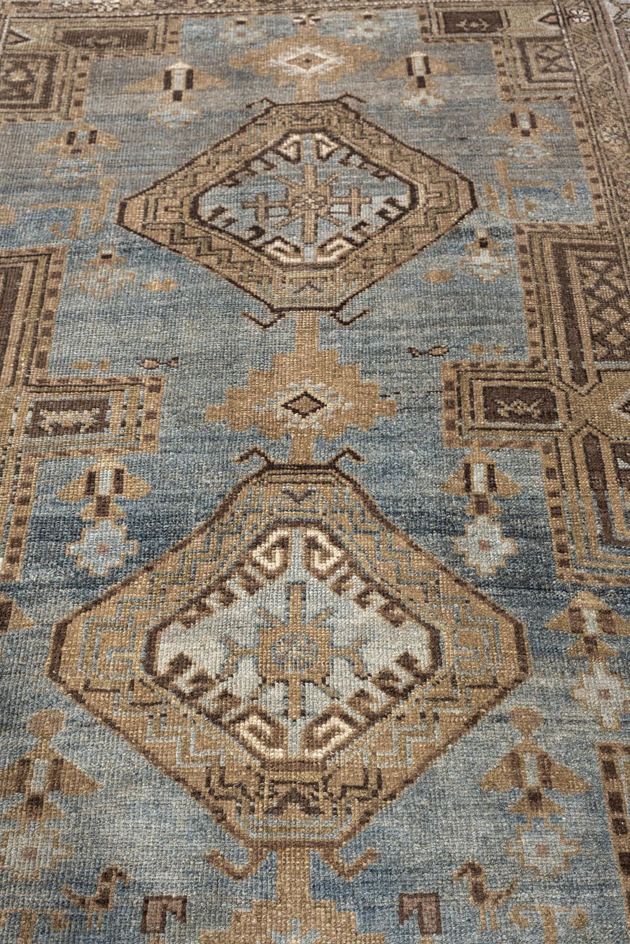4' x 6' one-of-a-kind handmade antique Kurd rug. Color palette: blue gray, ivory, camel, taupe, dark brown, charcoal, beige