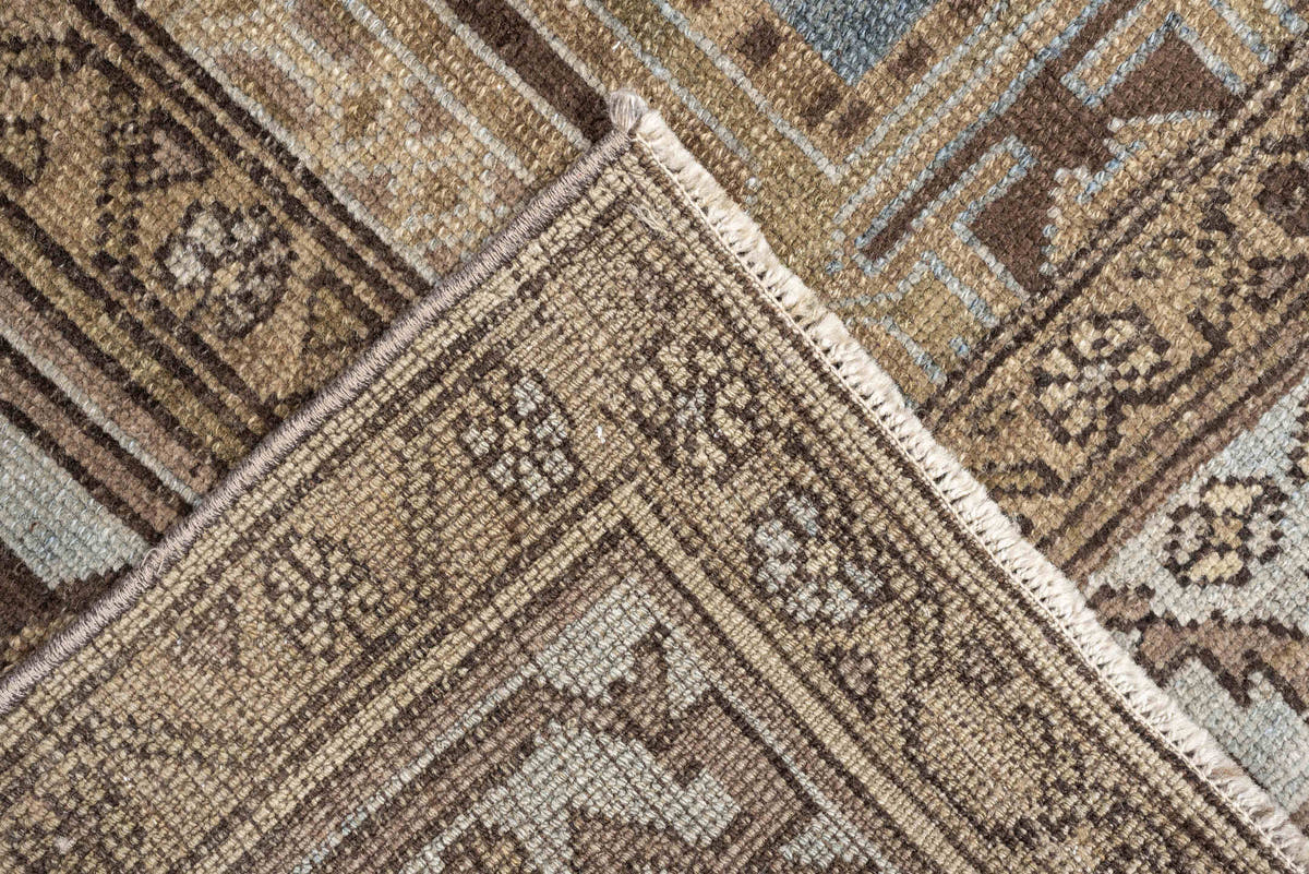 4' x 6' one-of-a-kind handmade antique Kurd rug. Color palette: blue gray, ivory, camel, taupe, dark brown, charcoal, beige