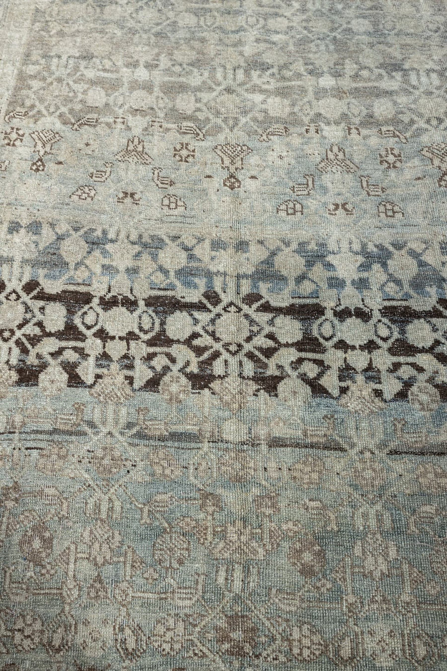 4' x 9' one-of-a-kind handmade antique Bidjar runner rug. Color palette: ivory, blue gray, taupe, charcoal, brown, sage