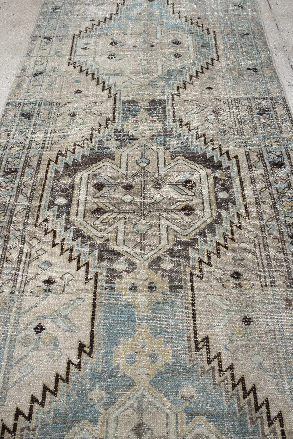 3' x 9' one-of-a-kind handmade antique Mazlagan runner rug. Color palette: blue gray, ivory, taupe, charcoal, brown, slate