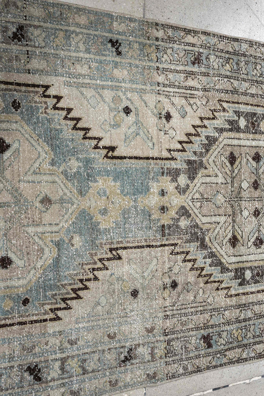 3' x 9' one-of-a-kind handmade antique Mazlagan runner rug. Color palette: blue gray, ivory, taupe, charcoal, brown, slate