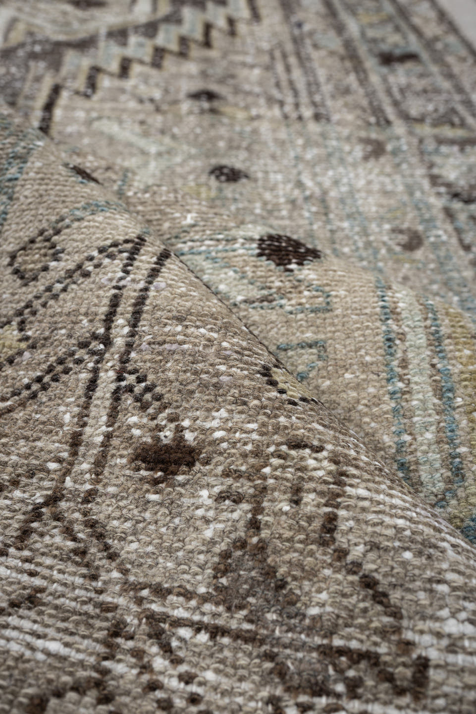 3' x 9' one-of-a-kind handmade antique Mazlagan runner rug. Color palette: blue gray, ivory, taupe, charcoal, brown, slate