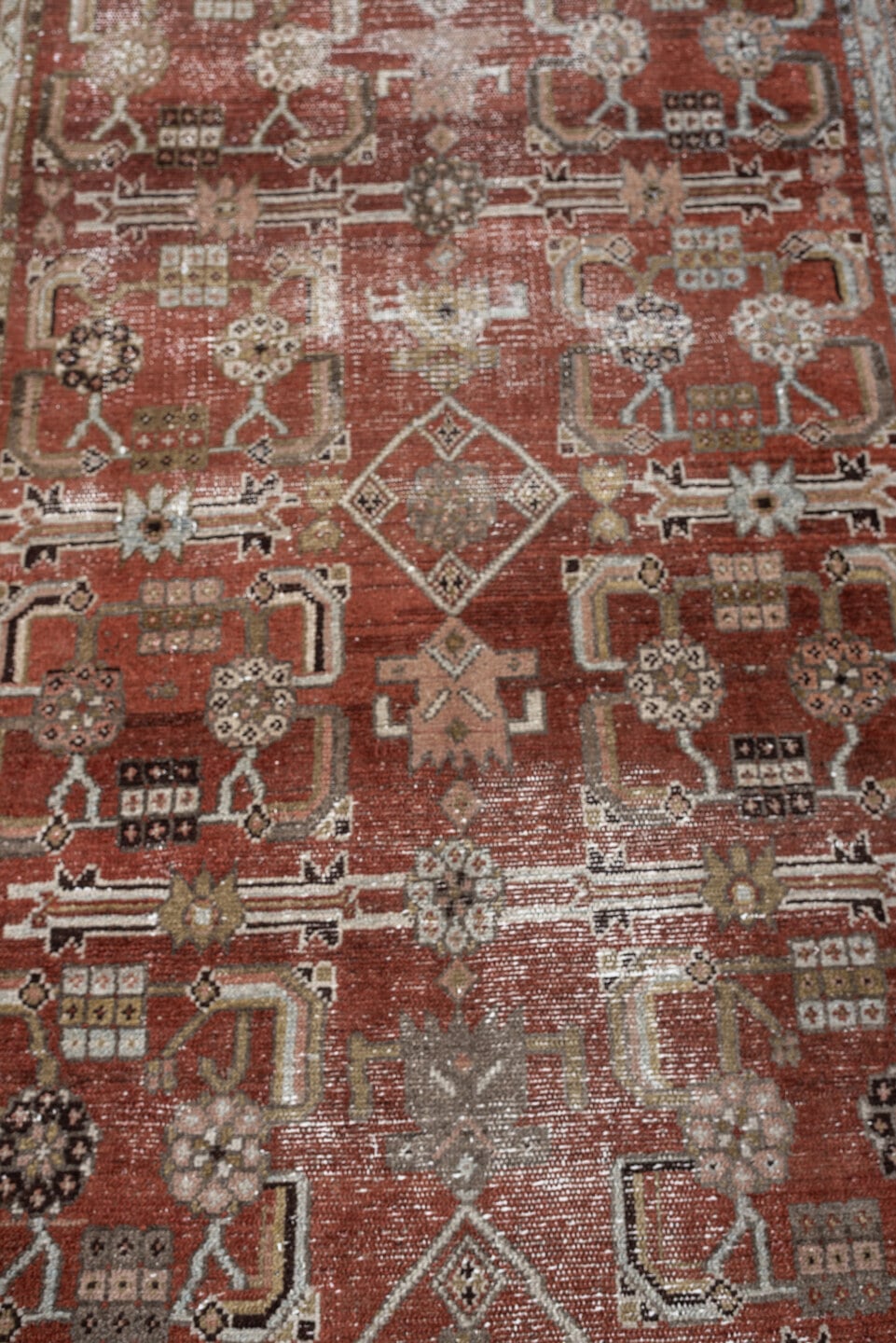 3' x 9' one-of-a-kind handmade antique Malayer runner rug. Color palette: rust, terracotta, ivory, taupe, olive, charcoal
