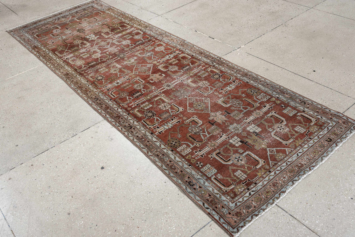 3' x 9' one-of-a-kind handmade antique Malayer runner rug. Color palette: rust, terracotta, ivory, taupe, olive, charcoal