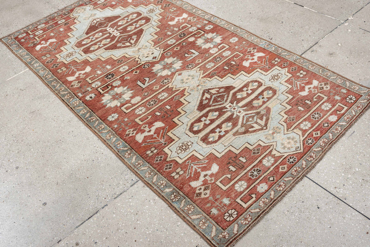 3' x 5' one-of-a-kind handmade vintage Anatolian small size rug. Color palette: terracotta, pale blue gray, ivory, slate
