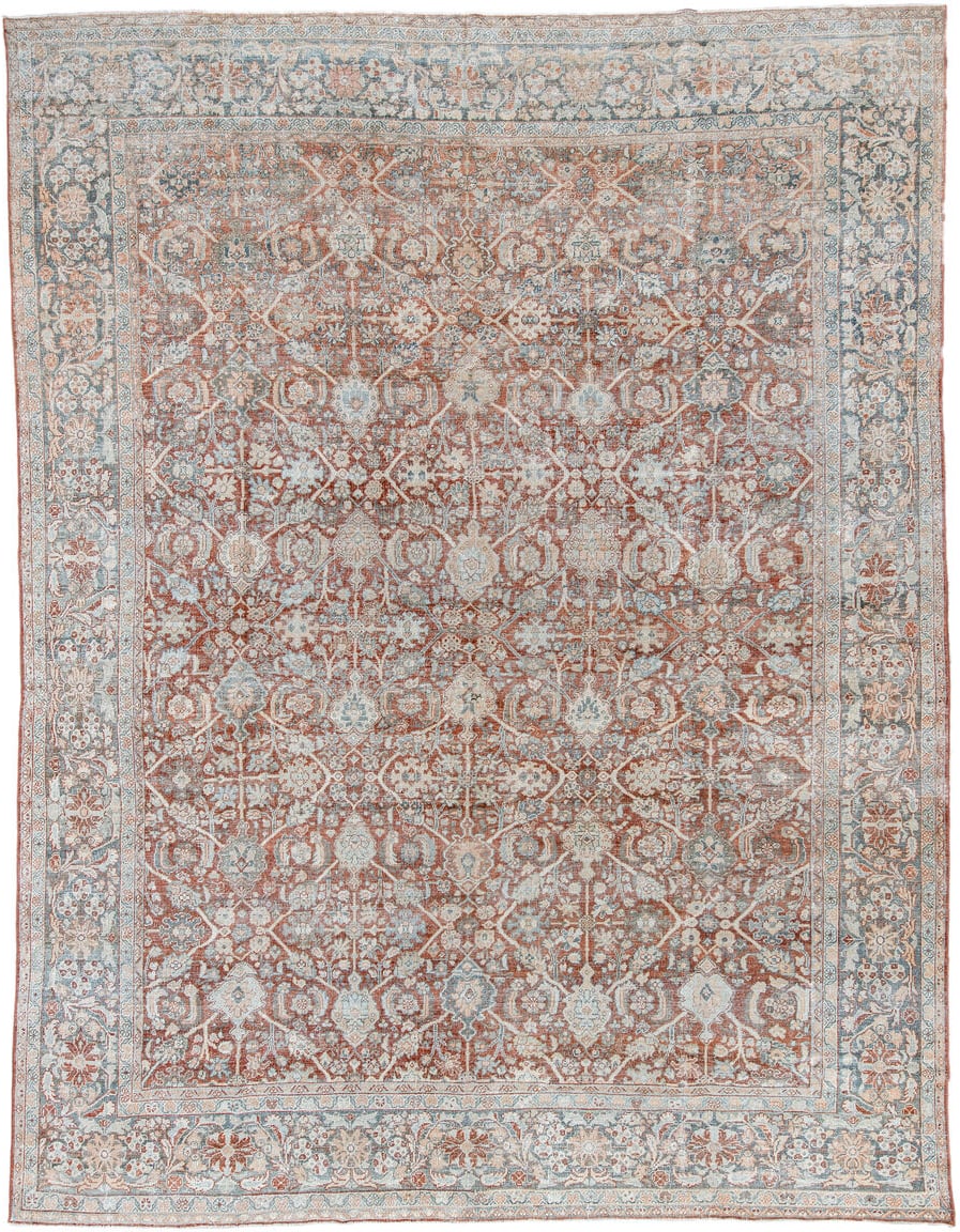 10' x 13' one-of-a-kind handmade vintage Mahal large size rug. Color palette: terracotta, pale blue, ivory, rust, taupe
