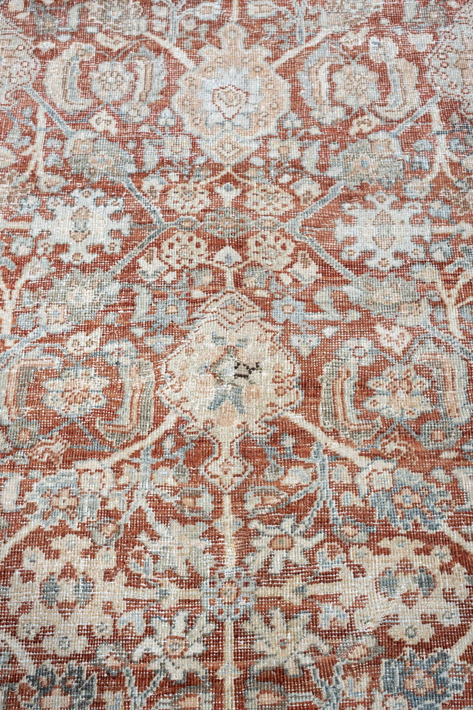 10' x 13' one-of-a-kind handmade vintage Mahal large size rug. Color palette: terracotta, pale blue, ivory, rust, taupe
