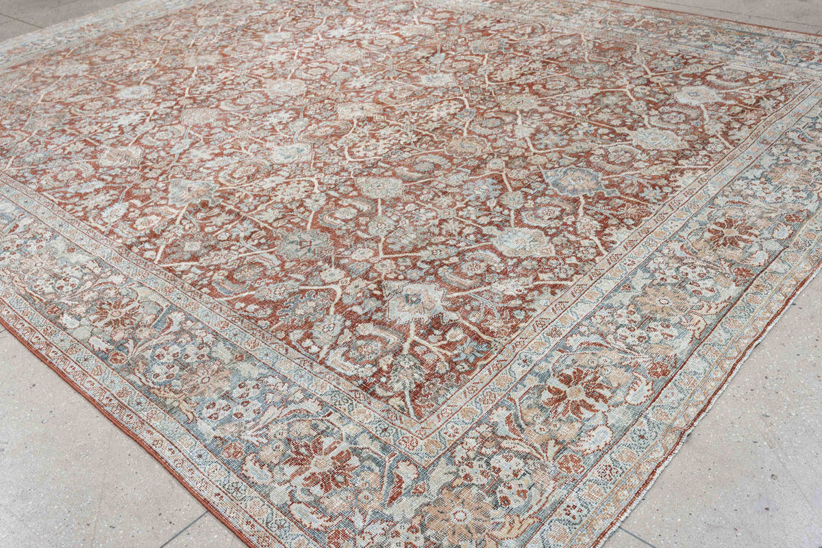 10' x 13' one-of-a-kind handmade vintage Mahal large size rug. Color palette: terracotta, pale blue, ivory, rust, taupe