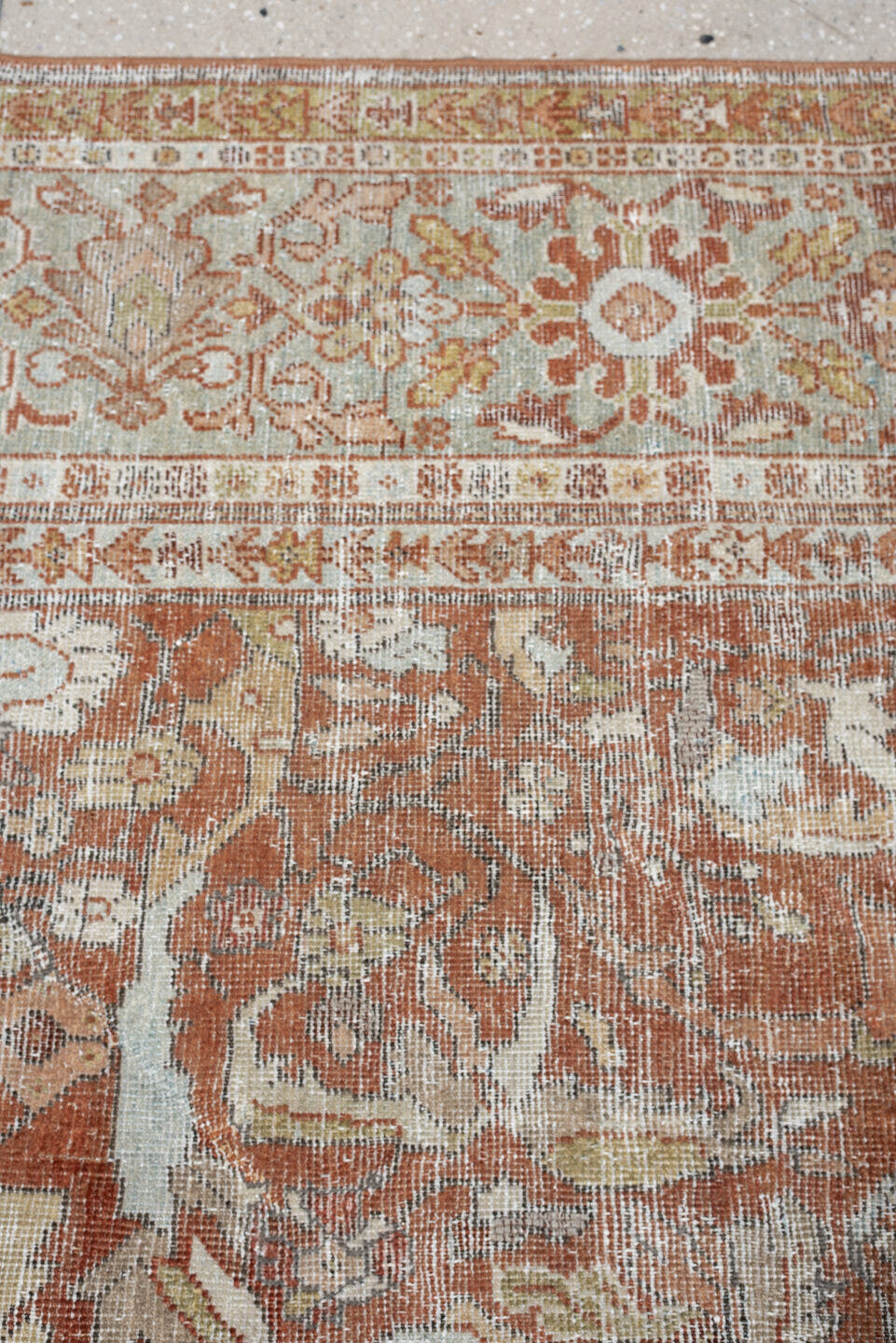 9' x 11' one-of-a-kind handmade antique Mahal large size rug. Color palette: terracotta, rust, ivory, pale blue, sage, taupe