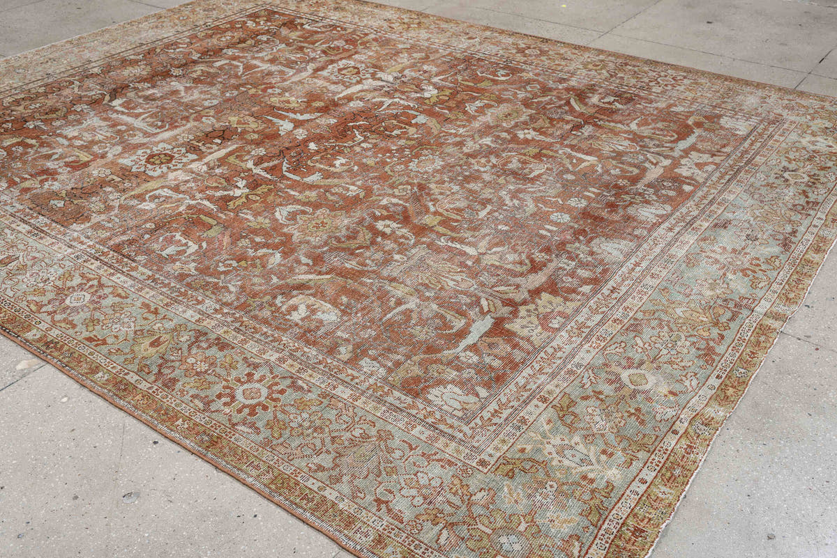 9' x 11' one-of-a-kind handmade antique Mahal large size rug. Color palette: terracotta, rust, ivory, pale blue, sage, taupe